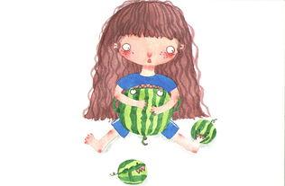 夏日吃瓜插画,插画中的清凉一夏